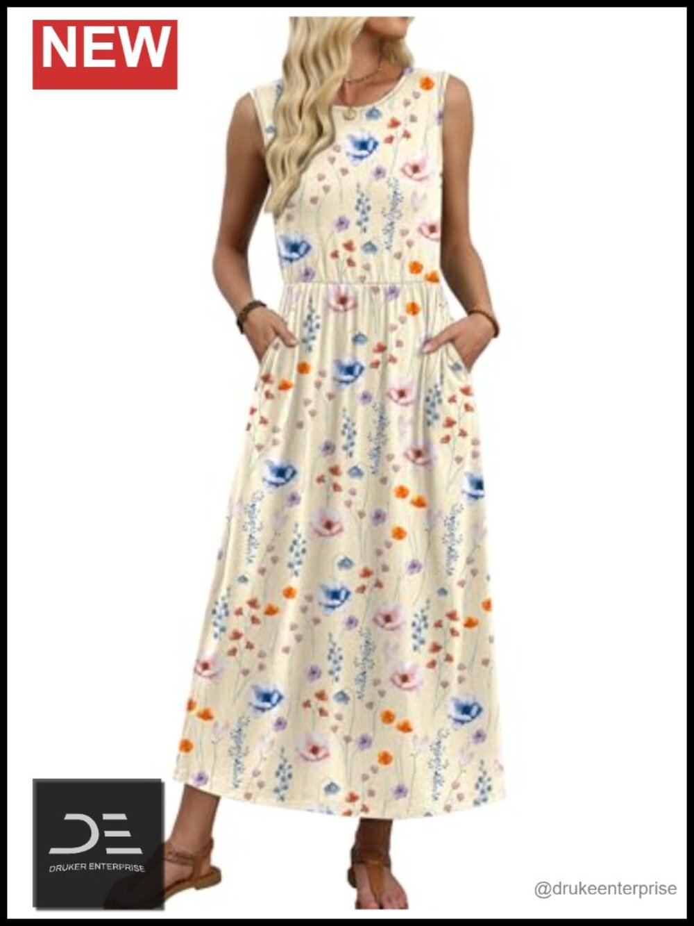 Maxi Dress with Pockets A-Line Flowy Sleeveless Sundress Elastic Waist - Picture 2 of 4